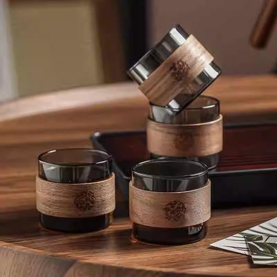 Rare Purchases Home Coffee Espresso Mug Set, Heat resistant Glass Tea Cup, Scald Proof Wooden Holder, Kungfu Tea Master Set transparent