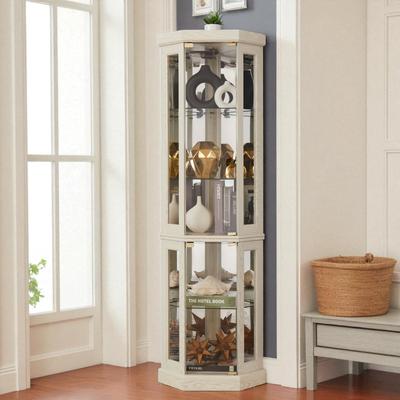 Fundinbaths Corner Lighted Glass Curio Cabinet with Adjustable Shelves, Mirrored Back and Display Doors