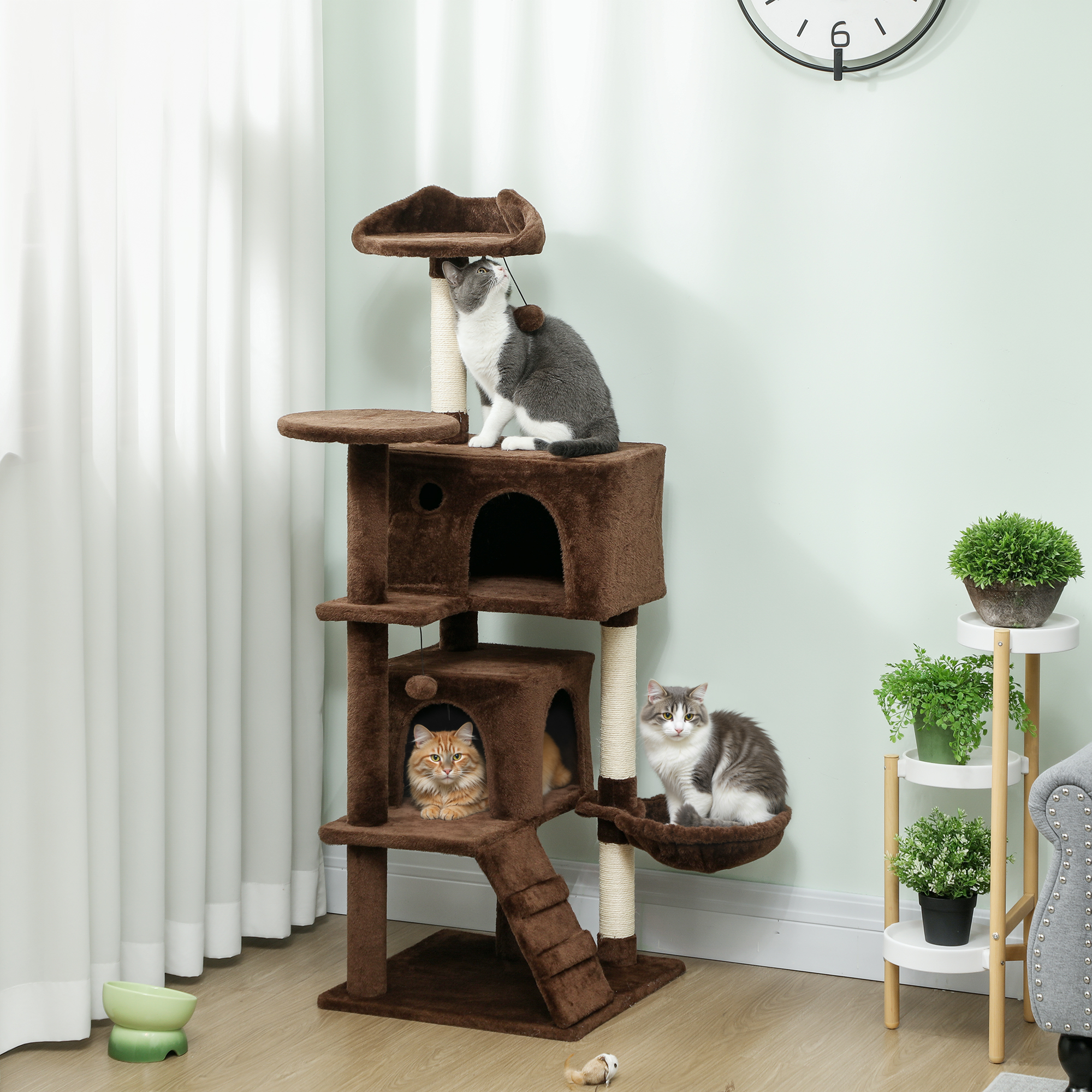 Pawhut Tiragraffi per Gatti 140 cm con Piattaforme Letto 2 Grotte Amaca Scala Pali in Sisal Marrone   Aosom Italy