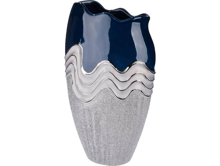 Tischvase GILDE Vase Wavy , blau (dunkelblau, silberfarben), B:22,5cm H:39cm T:11,3cm, Keramik, Vasen, Tischvase