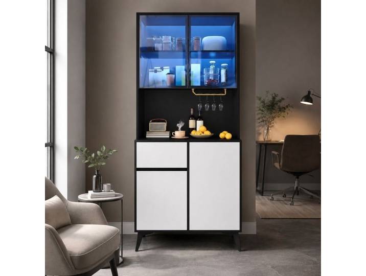 IVMEU Vitrine haute noir et blanc avec LED 2 portes vitrées 1 tiroir range-verres MDF 80x40x180 cm