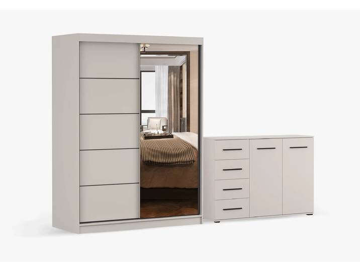 Schwebetürenschrank und Kommode 2-er Set VISTA 05 K/FRIDA 01 KK Kaschmir Kaschmir + Spiegel Ohne LED-Beleuchtung
