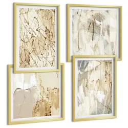 BILDER SET 4er Set - 50x50 cm & 40x60 cm Goldrahmen - Beige abstrakte Formen Linien