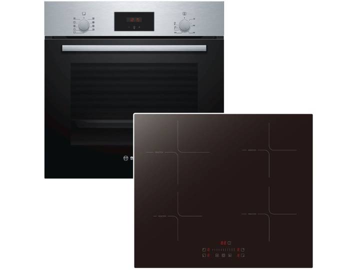 BOSCH Backofen-Set 3D Heißluft Teleskopauszug Edelstahl + PKM Induktionskochfeld Herdset