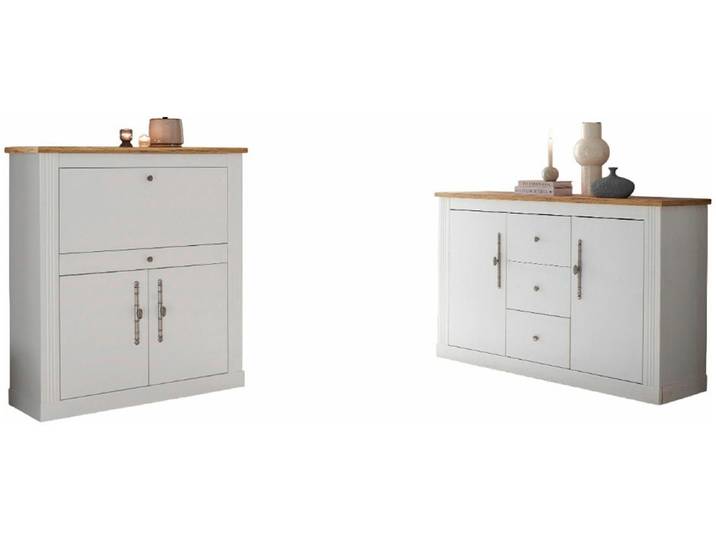 Büromöbel-Set GOODPRODUCT Westminster, wohnliches Home-Office, Büro in zwei Farben verfügbar , weiss (pinie weiß), Holzwerkstoff, Arbeitsmöbel-Sets, Büromöbel-Set, enthält Sekretär und Sideboard im Landhausstil, mit Kabelkanal