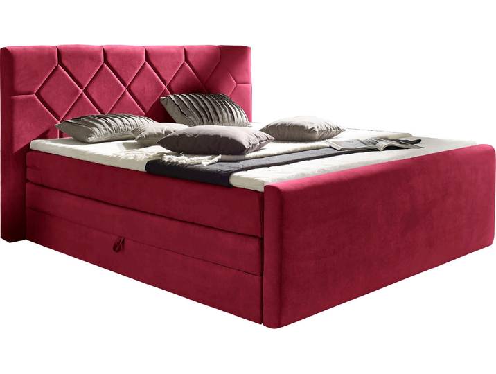Boxspringbett, Massivholz & Kunststoff, Rot, 200×221 cm, Inkl. Topper & Bettkasten, Modern, Places of Style