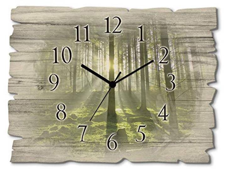 ARTLAND Wanddeko Wanduhr ohne Tickgeräusche aus Holz Funkuhr 40x30 cm Rechteckig Lautlos Wald Landschaft Natur Design Originell T5SV