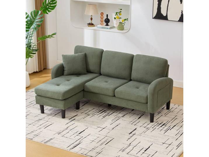 Merax L-Form Ecksofa mit Chaiselongue, 3-Sitzer Sofa mit Samt-Cord und Massivholzrahmen, modulares Wohnzimmersofa mit Kunststoffbeine, Grün