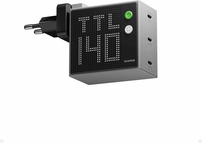 SHARGE Pixel 140 GaN-Ladegerät, 140W, 3x USB-C, Dot-Matrix-Display - grau