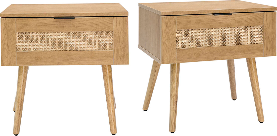 Miliboo Nachttische mit hellem Holzfinish, Rattangeflecht und schwarzem Metall (2er-Set) MANILLE
