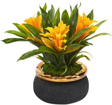 Nearly Natrual "11"" Bromeliad Artificial Plant in Stoneware Planter"