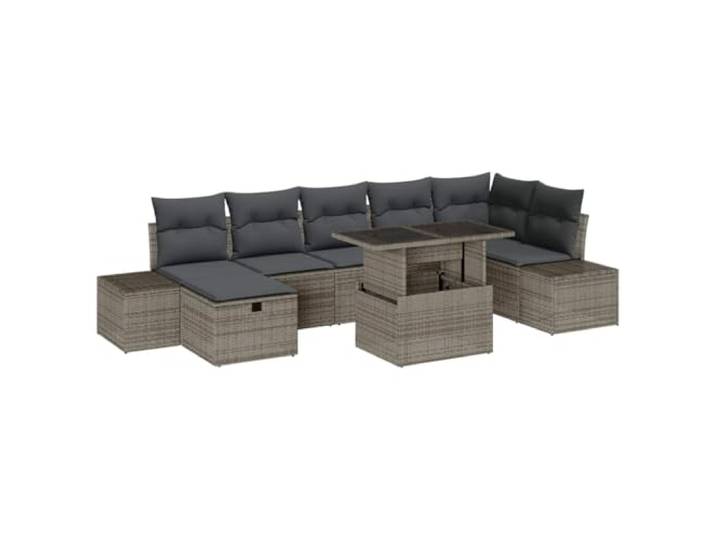 KTHLBRH Gartenmöbel-Set, 8-teilig, Polyrattan, Grau Polyrattan, massives Akazienholz, Tisch mit Glasplatte, Kissen aus Polyesterfaser, Stahlgestell