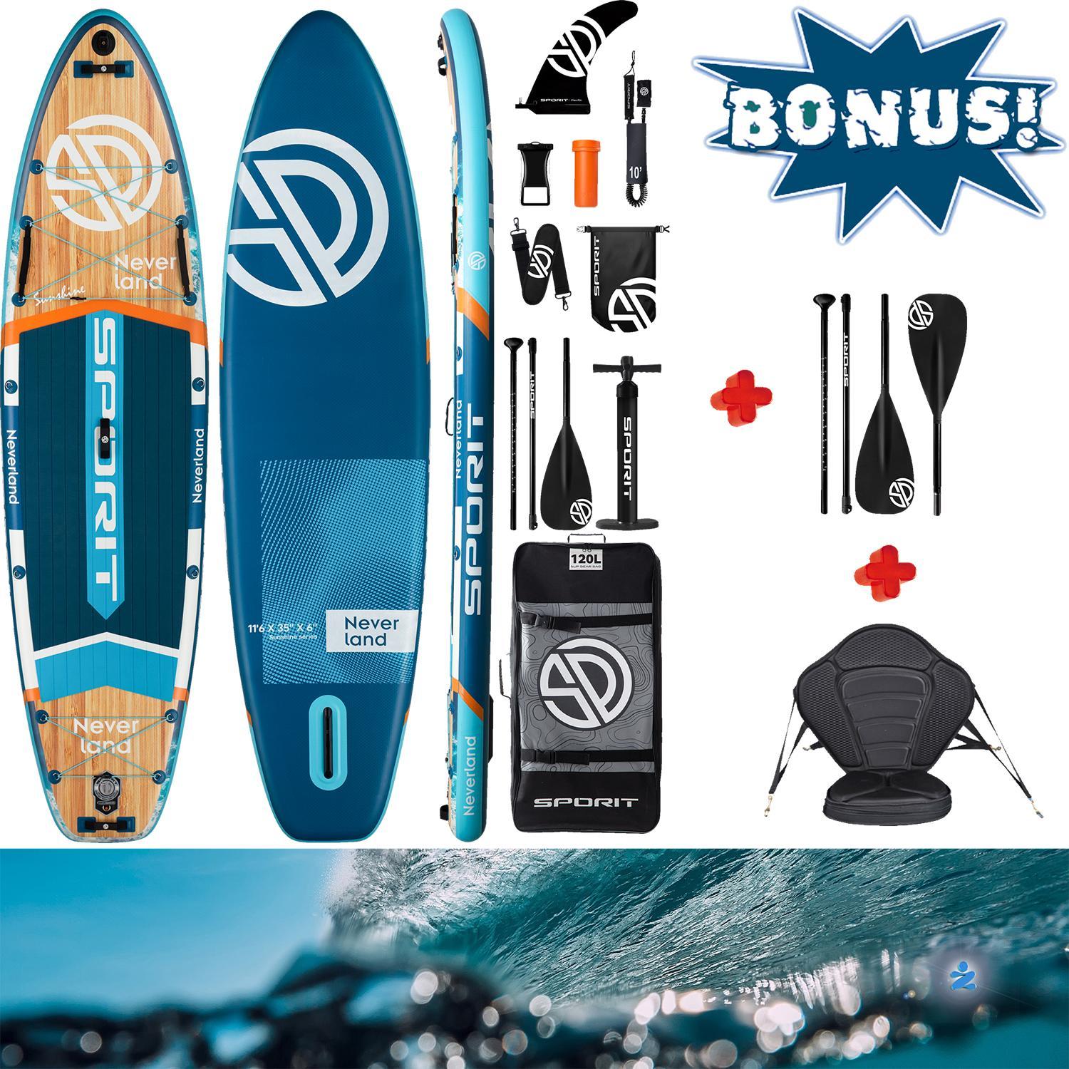 Komplettset, Kajak Touring SUP Board Set mit 5 cm hohem stabilem Sitz, zweite 4-teiligem Paddel, Sporit Neverland Kayak Kanu Boot, 2 Personen Paddling
