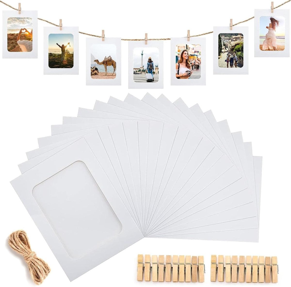 Papieren fotolijst fotoslinger wit inclusief klemmen voor foto's van 10x15 cm