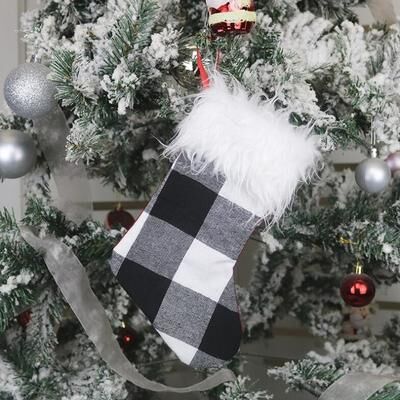 Inspired Deals Plaid Plush Christmas Stocking Gift Bag And Hanging Christmas Tree Decoration black And White