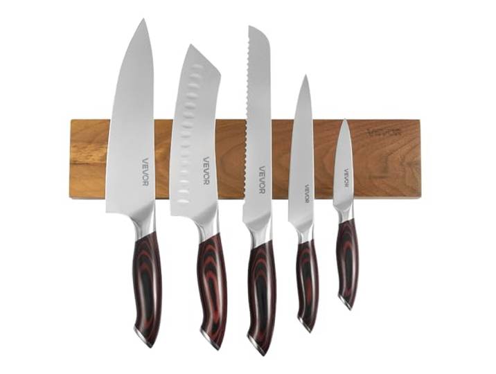 VEVOR Messerset 6-tlg. Küchenmesserset mit magnetischer Messerhalter, Messer aus hochkohlenstoffhaltigem Edelstahl, Küchenbesteck mit ergonomischem & bruchfestem Griff, Magnetleiste in Walnussoptik