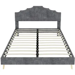 MODFU Polsterbett Stoff Grau 160x200 cm mit Matratze, Metallgestell und geometrischem Kopfteil