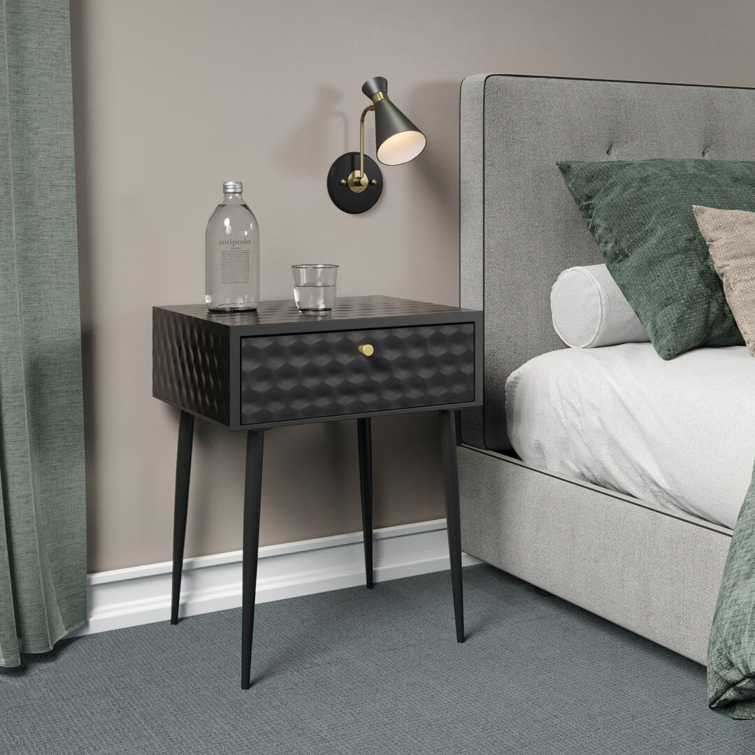 George Oliver Loar 1-Drawer Metal Bedside Cabinet, Eccentric Mid-Century Nightstand for Bedroom Black 55cm H X 45cm W X 35cm D