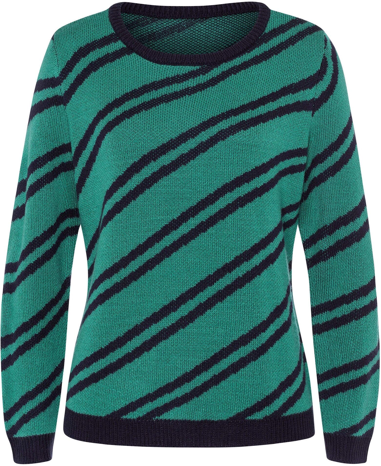 Sieh An! Strickpullover SIEH AN "Streifenpullover Langarm-Pullover mit diagonalen Streifen", Damen, Gr. 40, marine, smaragd, gestreift, Strick, , Sportlich, Rundhals, Pullover Strickpullover