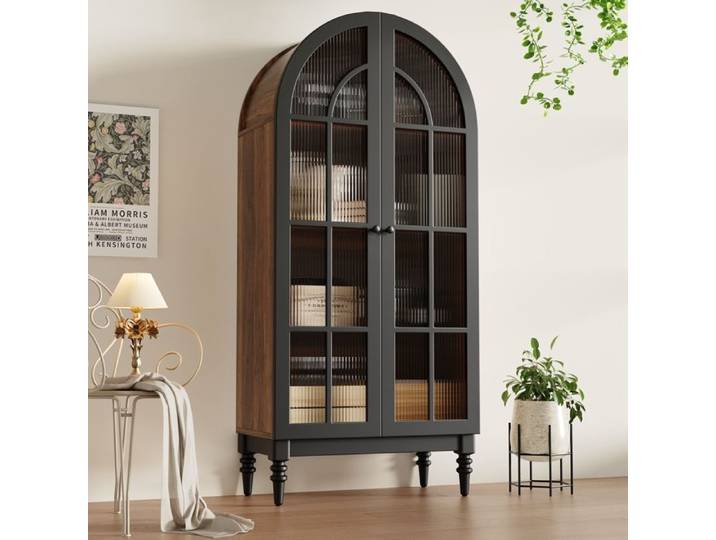 Buffet Vitrine en avec Dôme Arrondi - Armoire Exposition 2 Portes Verre -Meuble de Rangement pour Salon Chambre-Noir-76×38.5×165cm