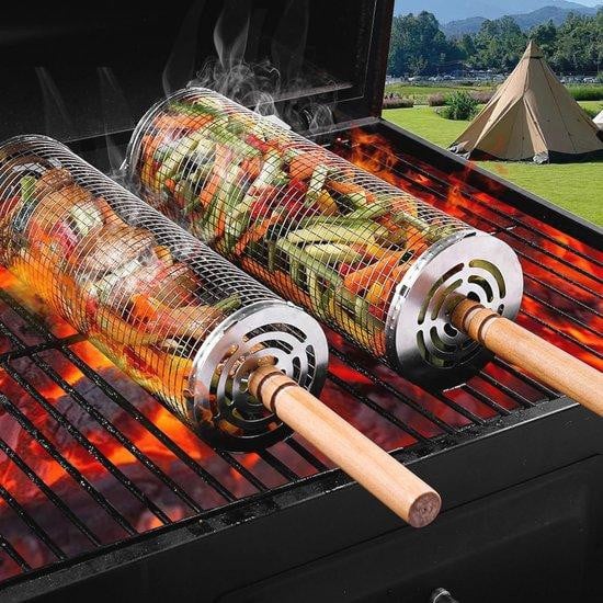 Set van 2 Rollende Grillmanden voor Buiten - BBQ Accessoires voor Groenten, Vlees en Vis