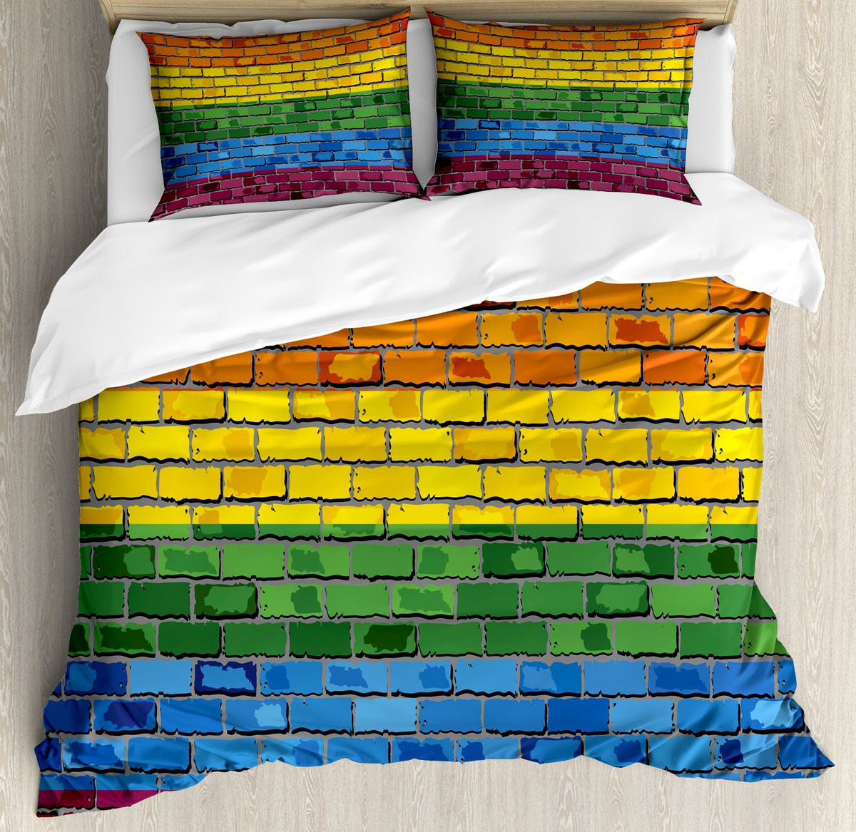 ABAKUHAUS Dekbedovertrekset met bakstenen muurmotief voor tweepersoonsbedden, Regenboogvlag (Gay Pride), 230 x 220 cm