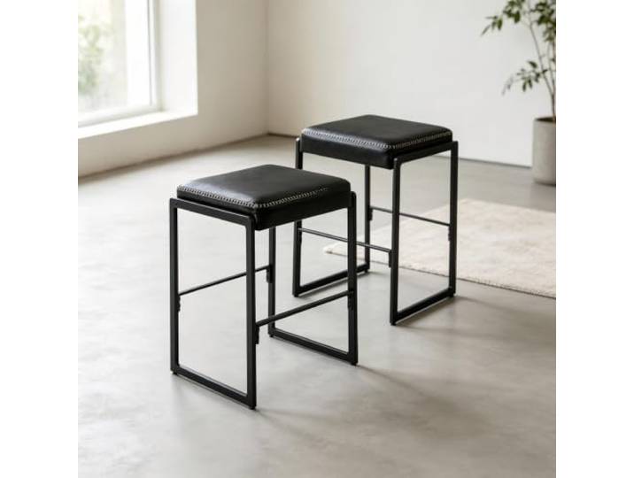 GarveeHome Barhocker 2er Set Sattelhocker aus Öl-Wachsleder, Barstuhl mit Metallgestell, 45 x 37,5 x 66 cm, Küche Wohnzimmer Bar, Schwarz, EKHO Kollektion Modell 2025