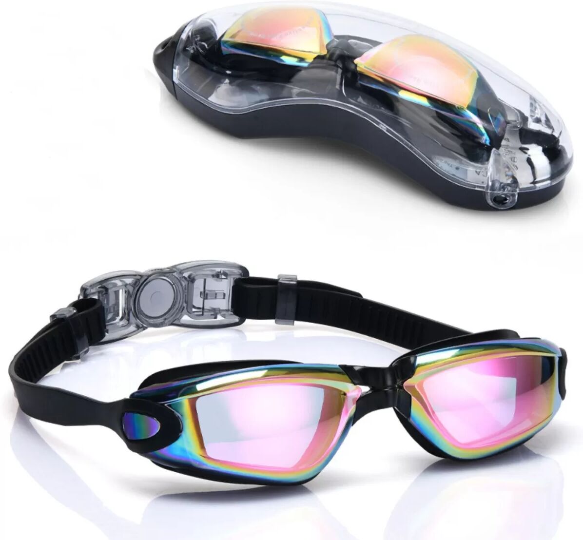 INF Schwimmbrille mit Etui — Antibeschlag, UV-Schutz, Silikondichtung, PC-Polycarbonat-Linse, Weitwinkel, Auslaufsicher Schwarz + Rosa