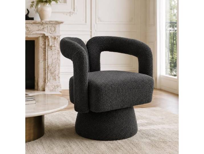 WOVREO Fauteuil pivotant 360° en bouclette gris foncé avec accoudoirs base métal 1 place