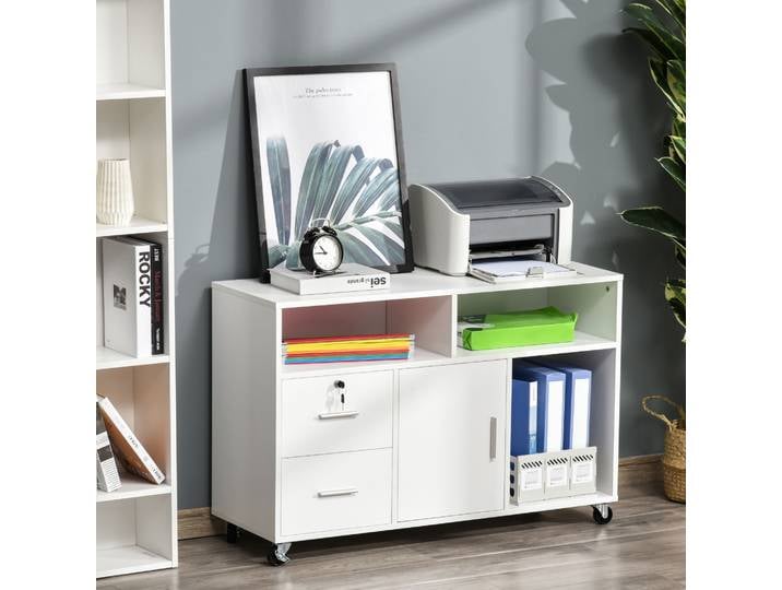 HOMCOM Support d'imprimante organiseur bureau caisson placard + 2 tiroirs + niches + grand plateau panneaux particules blanc