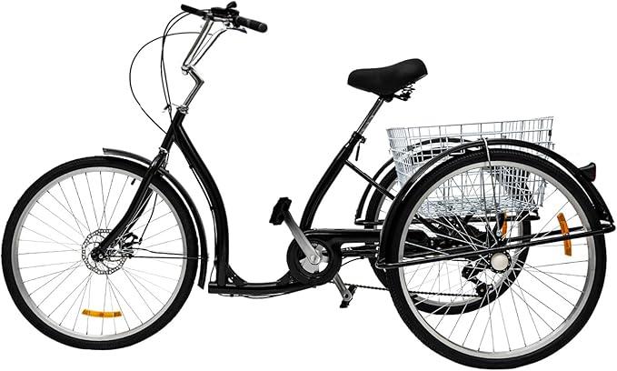 Dreirad für Erwachsene 26 Zoll Dreiräder 6 Gang mit Einkaufskorb 3 Räder Fahrrad Höhenverstellbar für Erwachsene Senioren Tricycle, Schwarz