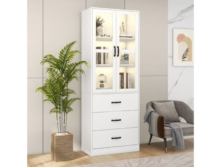 Vitrine blanche avec éclairage LED - Hauteur 200 cm - 3 tiroirs - 2 étagères amovibles - Éclairage LED intégré