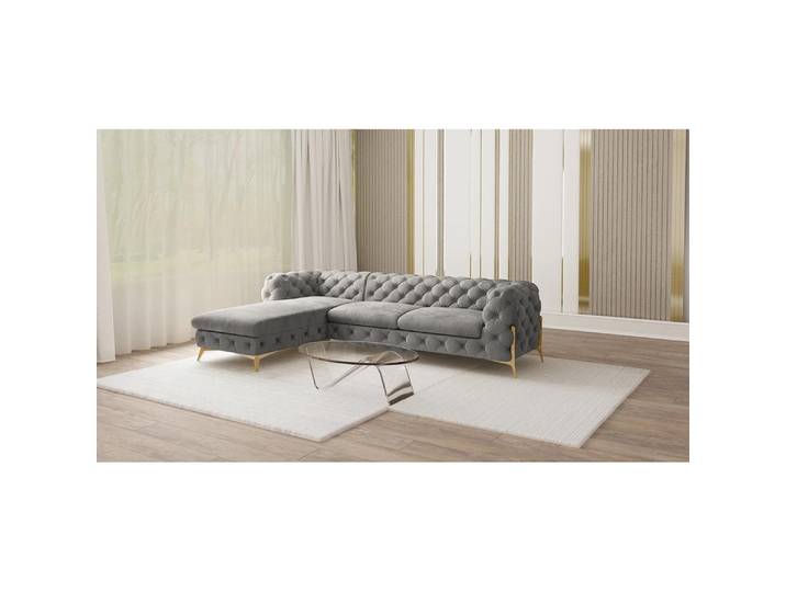 S-Style Möbel Natalie - Chesterfield Ecksofa mit Ottomane mit Goldene Metall Füßen - Grau