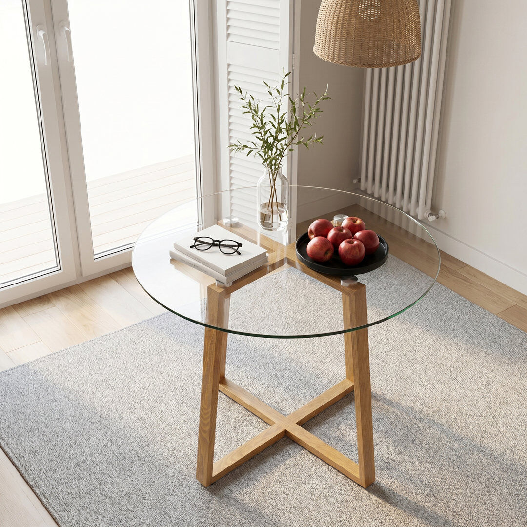 Ebern Designs Diletto Round Glass Top Dining Table with Wood Base Transparent