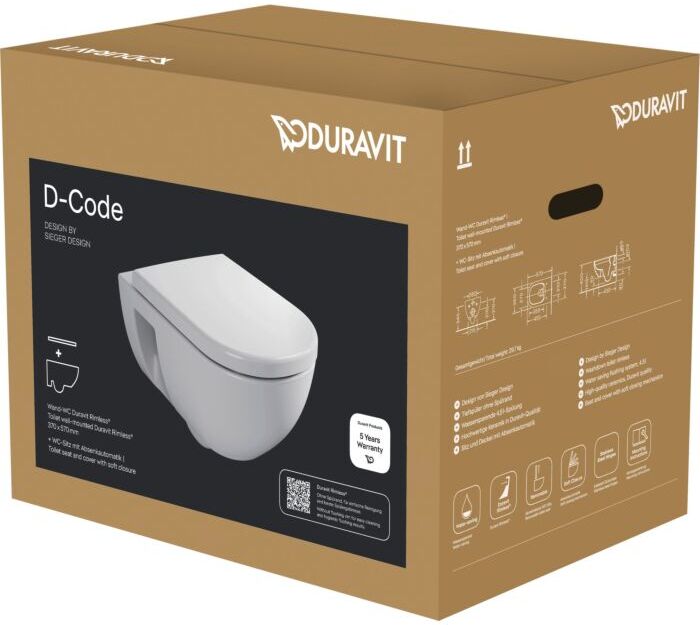 Duravit D-Code Wand-Tiefspül-WC-Set 45140900A1 mit WC-Sitz, Absenkautomatik, Rimless, weiß