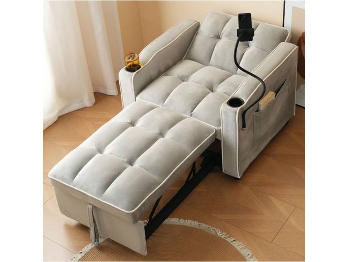 Canapé convertible 1 place 3-en-1 dépliable velours gris avec porte-gobelets support téléphone et poche latérale