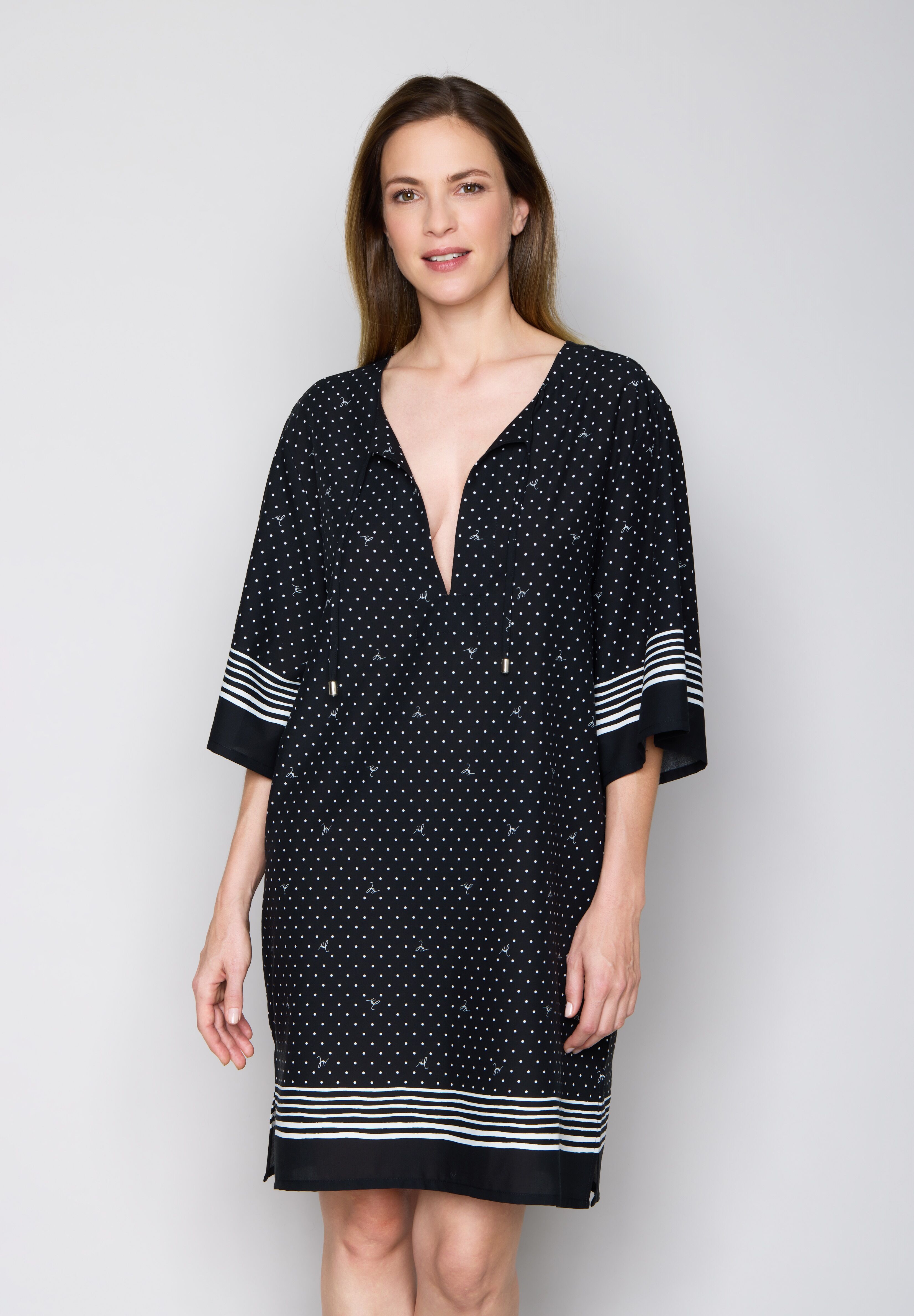 Joop! Strandkleid JOOP "Brismar Beach", Damen, Gr. 38, N-Gr, Jersey, schwarz-weiss (schwarz beauty aop), Jersey, Obermaterial: 50% Baumwolle, 50% Modal, Kleider Strandkleid schwarz beauty aop 38, N-Gr, Jersey