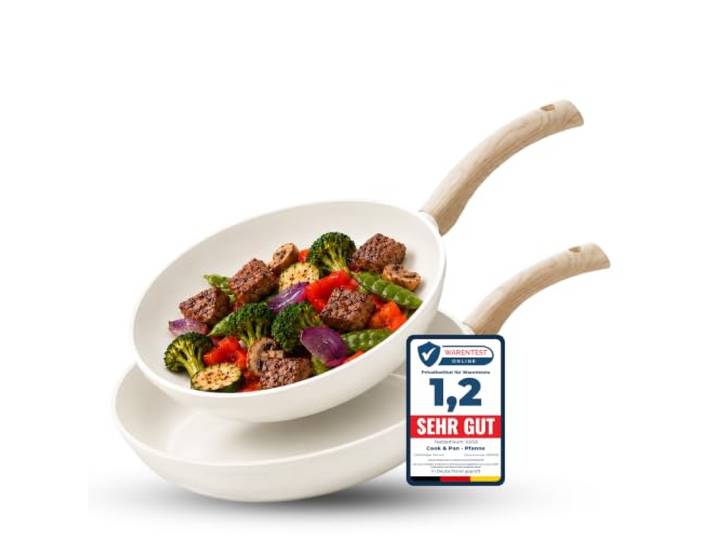 Cook&Pan Pfannenset Induktion - Keramikpfanne PFAS & Teflon frei - 2-teilig Bratpfanne mit [Greenshield] Antihaftbeschichtung - 24/28cm, Non Stick Pan [Spülmaschinenfest] - Creme