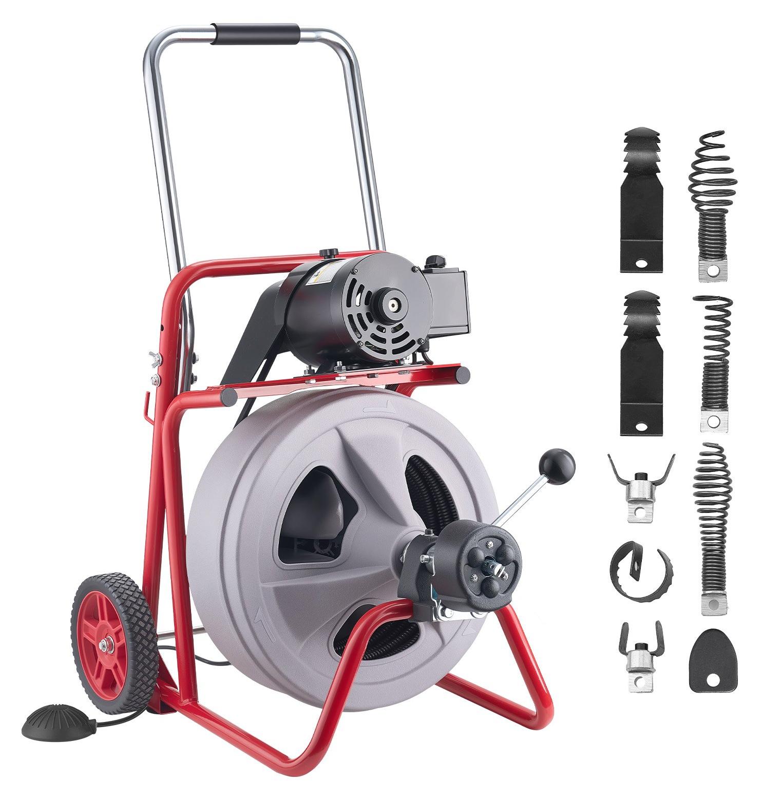Rohrreinigungsmaschine - Rohrreinigungsgerät 30 m x 13 mm Spirale - Automatischer Vorschub - 8 Schneidwerkzeuge - Pneumatischer Fußschalter - Für 50-150 mm Rohre
