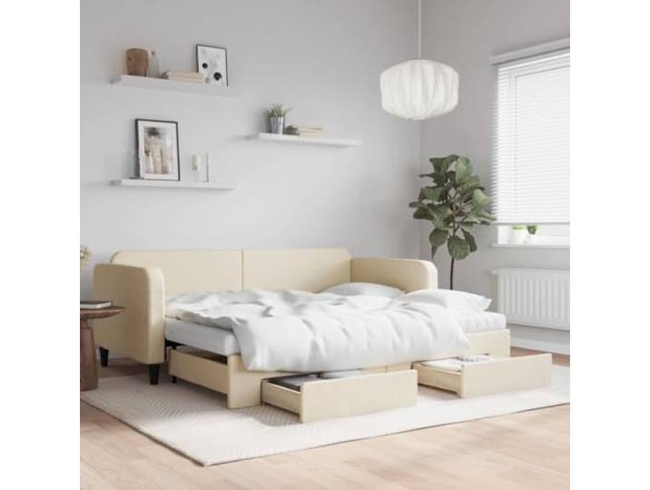 RJPLMFV Tagesbett mit Ausziehbett und Schubladen, cremefarben, 90 x 200 cm, Stoff