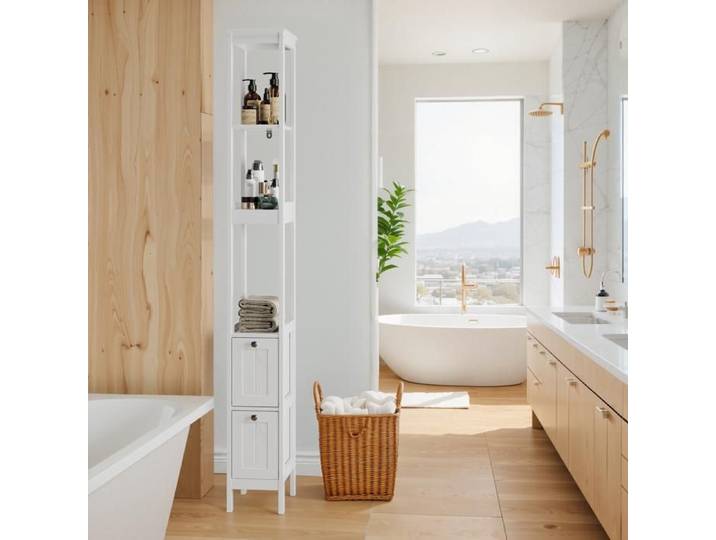 Armoire - Haute étroite - 20x30x160 cm - Blanc - 2 tiroirs - 3 étagères