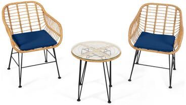 Costway 3 Pieces Rattan Furniture Set with Cushioned Chair Table-Navy