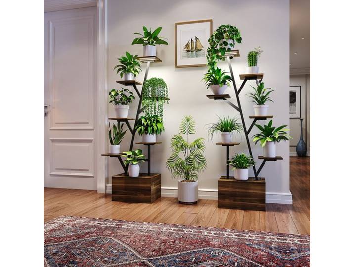 ADWOLT Lot de 2 porte-plantes métal 6 niveaux avec lampe de croissance et rangement - 140 cm