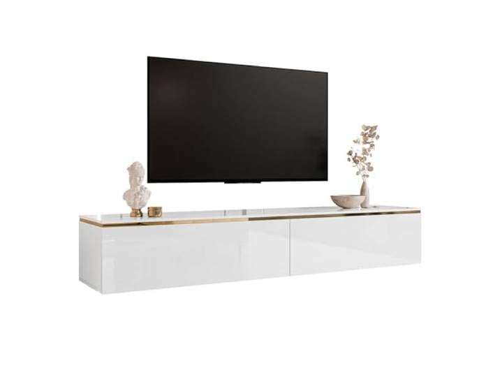 Lookway TV- Lowboard Aurora Hochglanz Weiß, Wandhängend, Goldene Dekorative Leiste, Mit Oder Ohne LED, Modernes Wohnzimmermöbel (ohne LED Beluchtung)