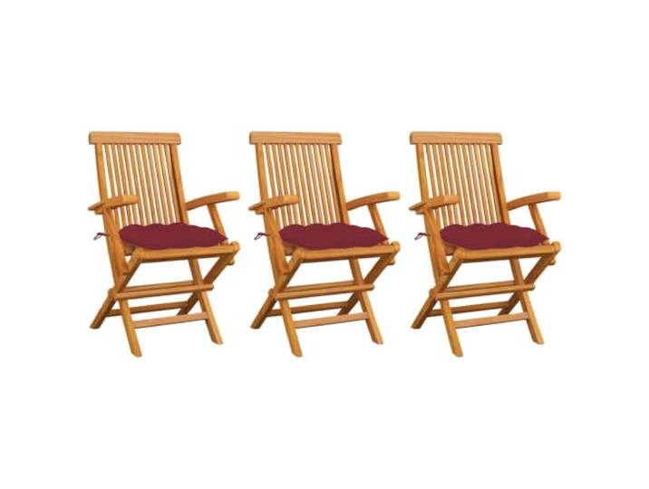 3er Set Klappstühle mit Weinroten Kissen, Massivholz Teakholz, Gartenstühle Glatte geschliffene Oberfläche, feuchtes Tuch reinigt leicht, platzsparend zusammenklappbar, robuste Teakholz-Konstruktion