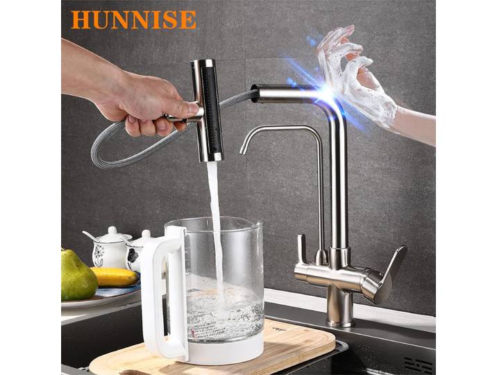 Robinets de cuisine à filtre tactile en cascade, robinet mitigeur d'évier de cuisine extractible chaud et froid en laiton, robinets de cuisine à filtre tactile à 3 voies