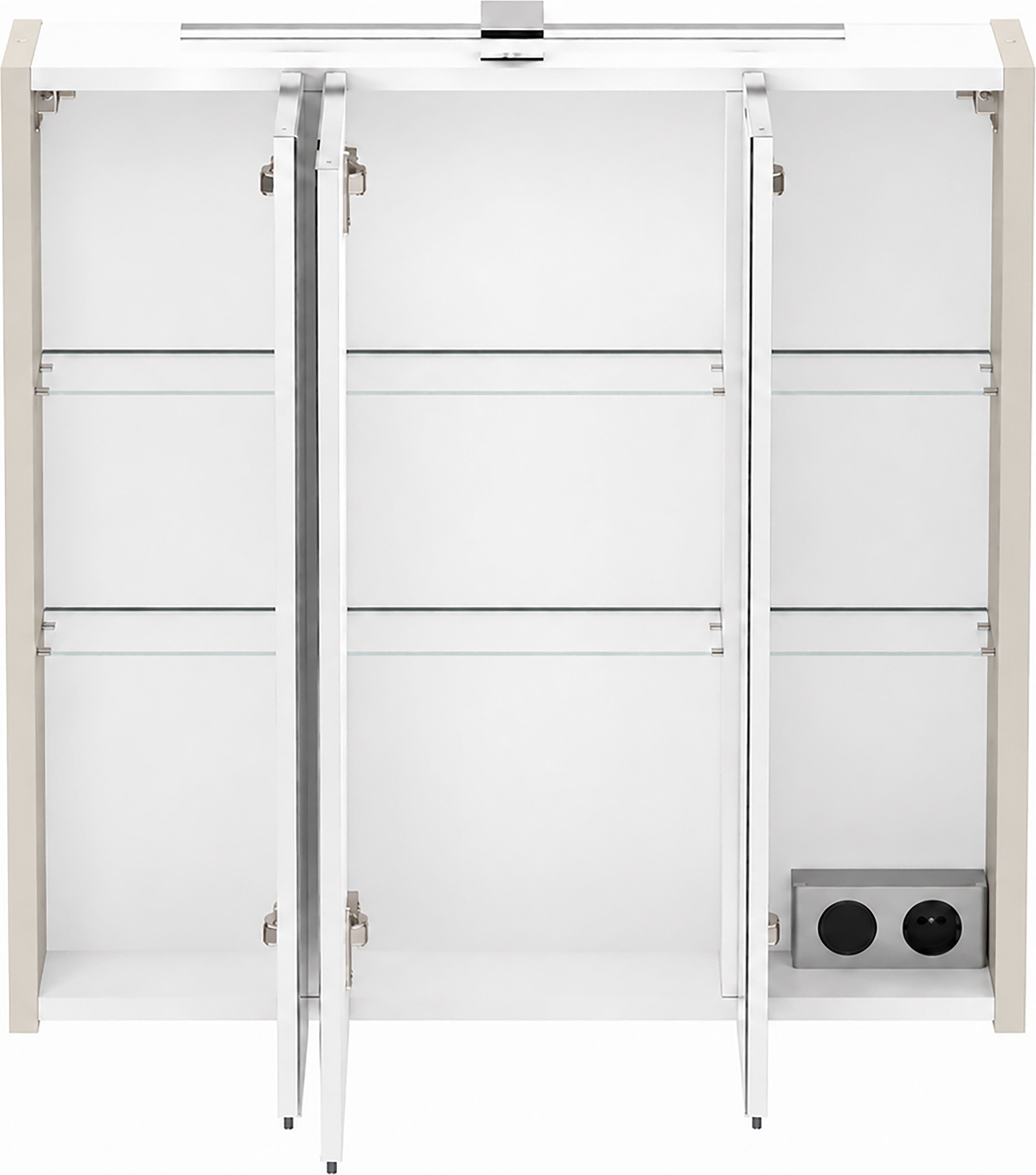 Spiegelschrank SCHILDMEYER "Saga, inkl. LED-Aufbauleuchte, Breite 70 cm, Made in Germany", silber (cremebeige), B:70cm H:74,4cm T:16cm, FSC-zertifizierter Holzwerkstoff, Schränke, Spiegelschrank, Rundumblick durch nach innen öffnende Türen, Made in German