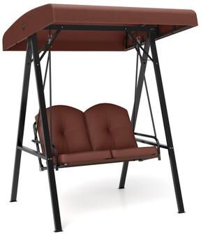 Costway 2-Person Outdoor Porch Swing with A-Shaped Metal Stand and Adjustable Canopy-Brown