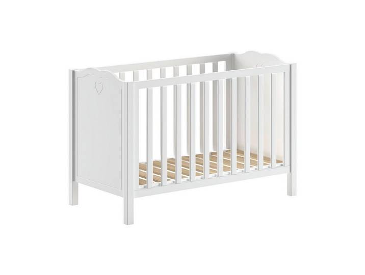58 aufm Kessel Kinderbett Babybett 60x120 Kamila Kiefer Weiß höhenverstellbar (inkl. Versand, Lieferung bis Verwendungsstelle), Babybett mit Herz-Ornament und höhenverstellbarem Lattenrost