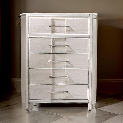Benjara Varos 48 Inch Tall Dresser Chest, 5 Drawers, Nickel Bar Handles, White